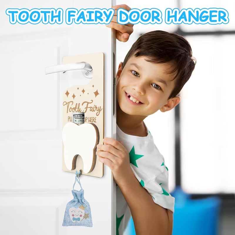 AINBIN Tooth Fairy Tooth Holder, Tooth Fairy Door Hanger with Money Slot, Keepsake Bottle & Burlap Pouch for Lost Teeth, Encourage Gift for Boys Girls, Blue - Image 2